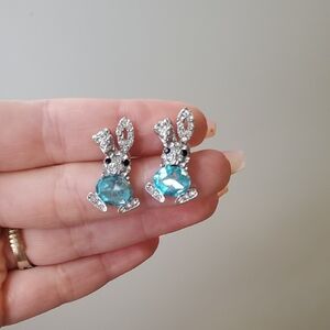 Aqua Crystal Bunny Stud Earrings - Sparkling Blue Rabbit Design